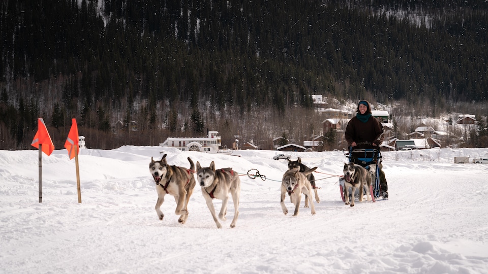 Une personne franchit la ligne d'arrivée avec son attelage de chien de traîneau à Dawson le 19 mars 2023.  