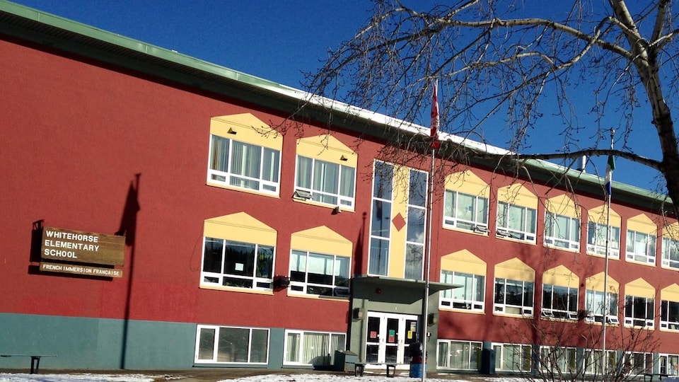 façade rouge et jaune de l'école avec un arbre sans feuille en avant-plan