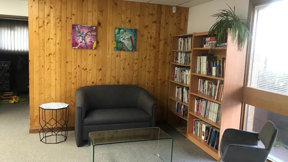 Espace commun avec un sofa et des étagères de livres.