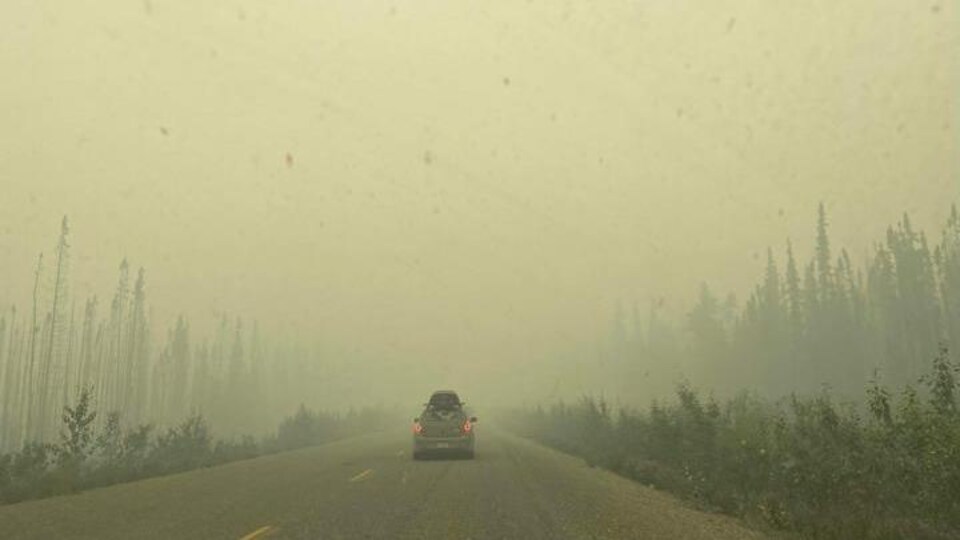 Une route entourée de forêt d'où se dégage une épaisse fumée.