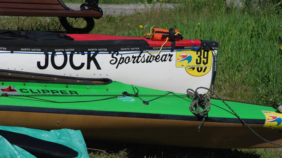 Un canoé et un kayak dans l'herbe.