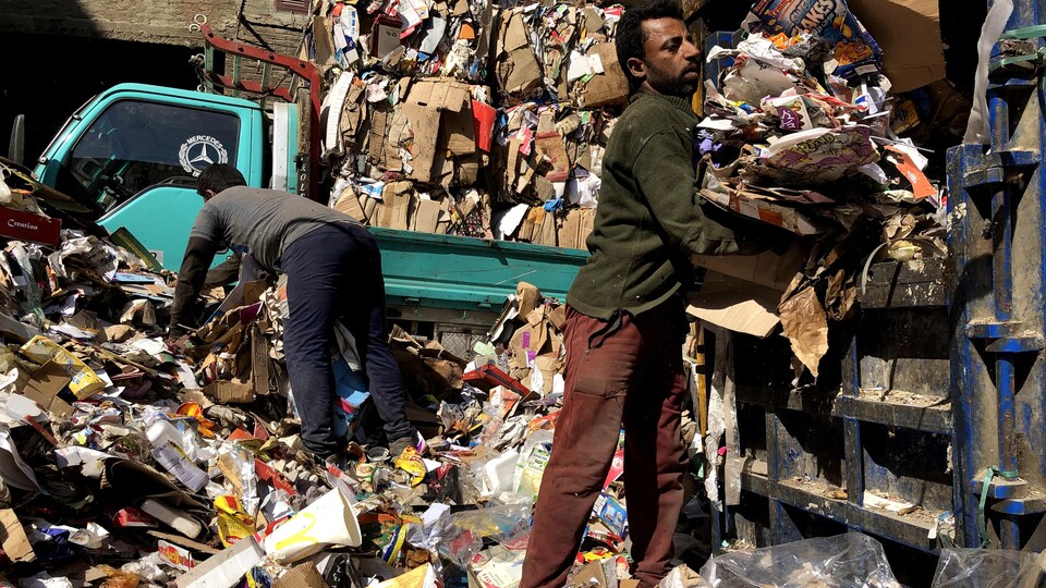 Deux hommes recyclent du carton dans le quartier cairote de Manshiyat Nasser.