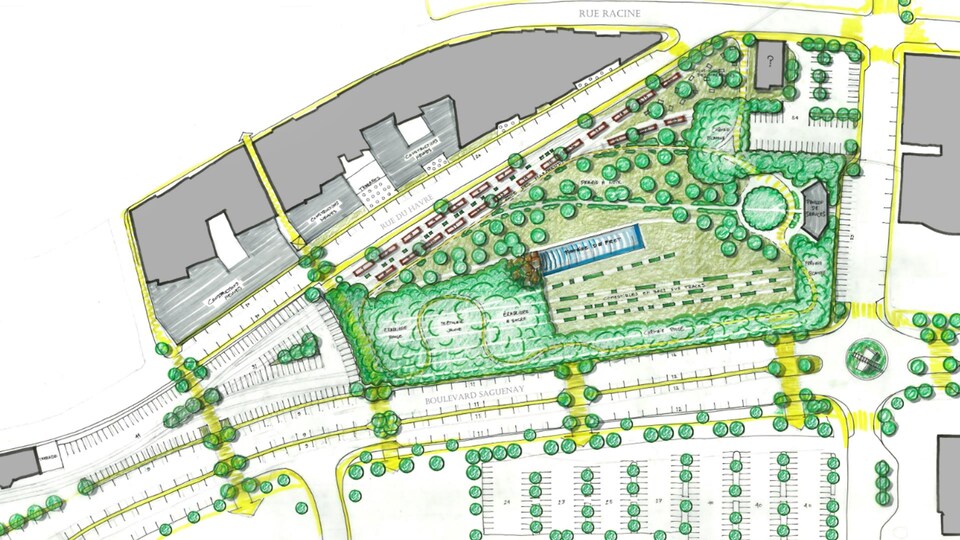 Les esquisses d'un parc avec des espaces de stationnement