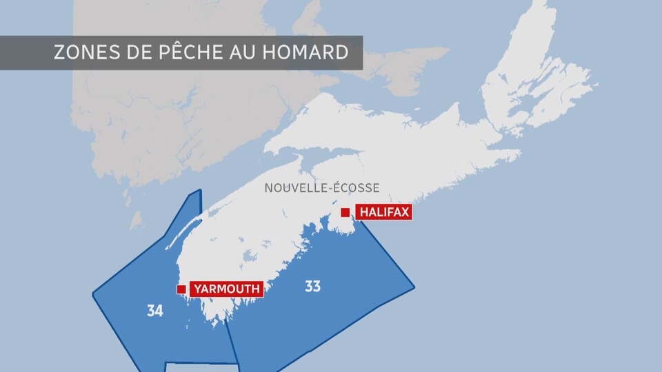 Une carte des zones de pêche au homard 34 et 33 en Nouvelle-Écosse. 