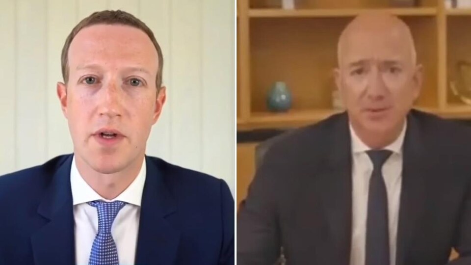 Deux images, côte à côte, de Mark Zuckerberg et Jeff Bezos qui témoignent par vidéoconférence. Celle de Zuckerberg est de meilleure qualité, car Bezos semblait avoir des problèmes de connexion lors de l'audience.