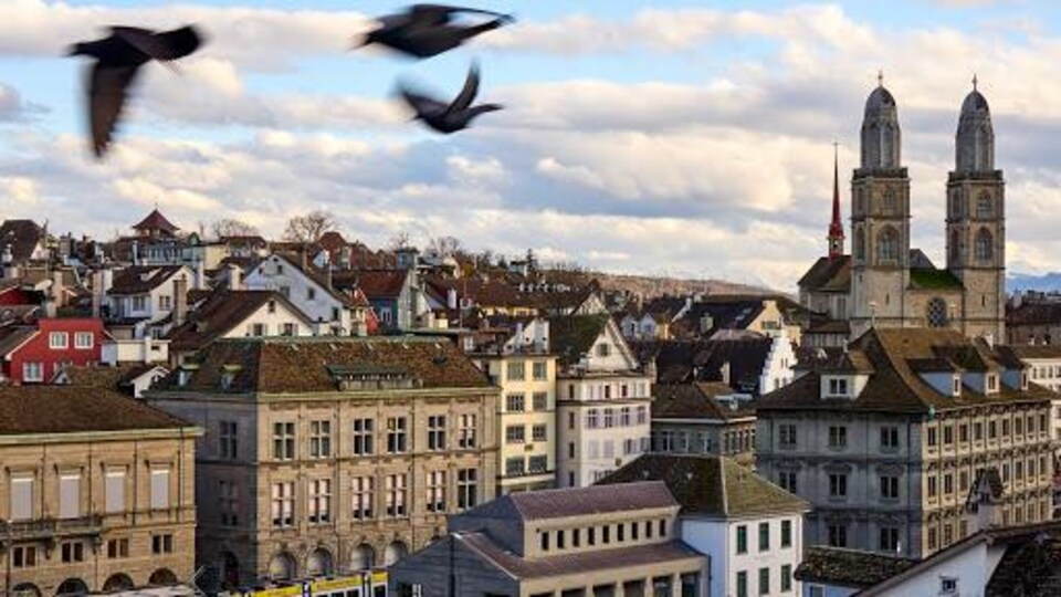 Des oiseaux traversent le ciel. On aperçoit plusieurs maisons de pierres, les clochers d'une église.
