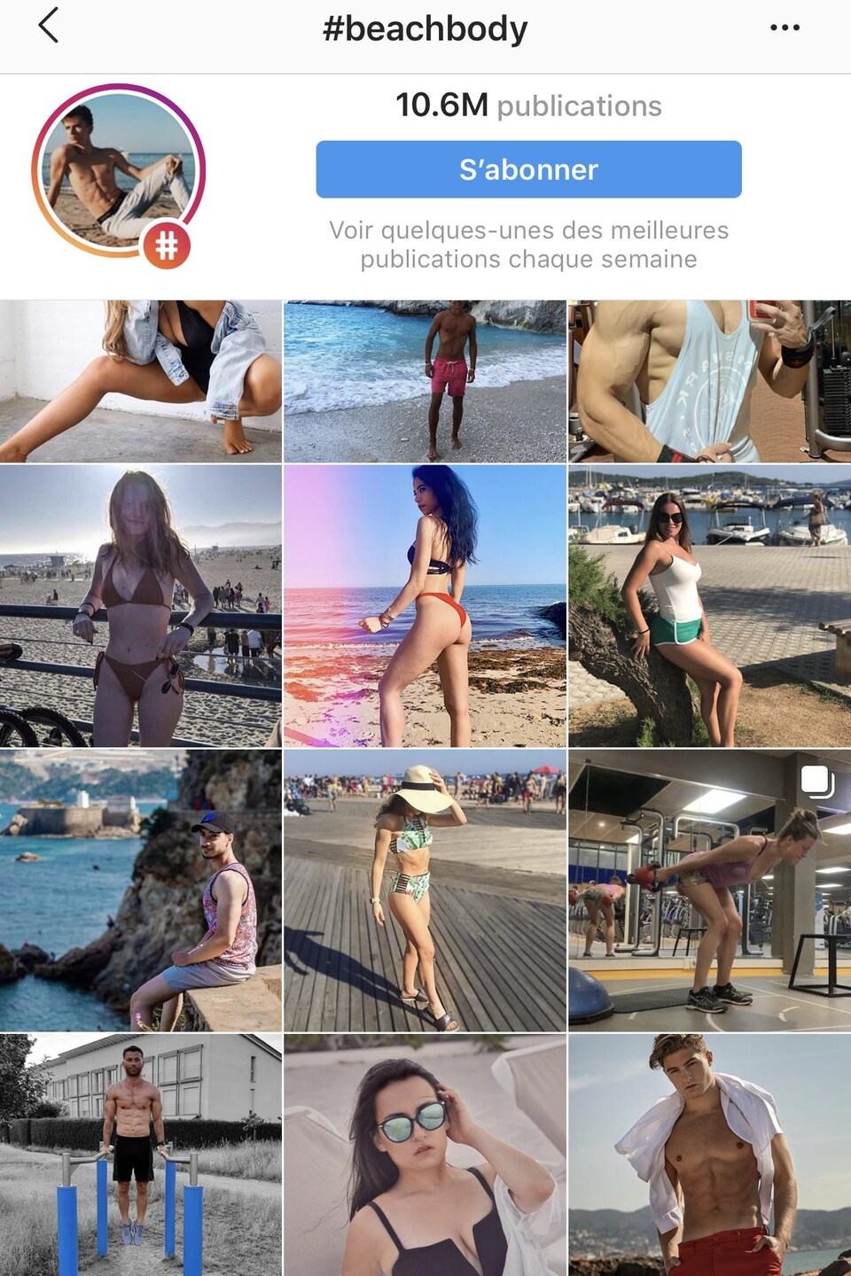 Capture d'écran de plusieurs photos disposées sur l'interface de l'application Instagram, montrant des hommes et des femmes, pour la plupart en maillot de bain, sur la plage, répondant aux standards de beauté.