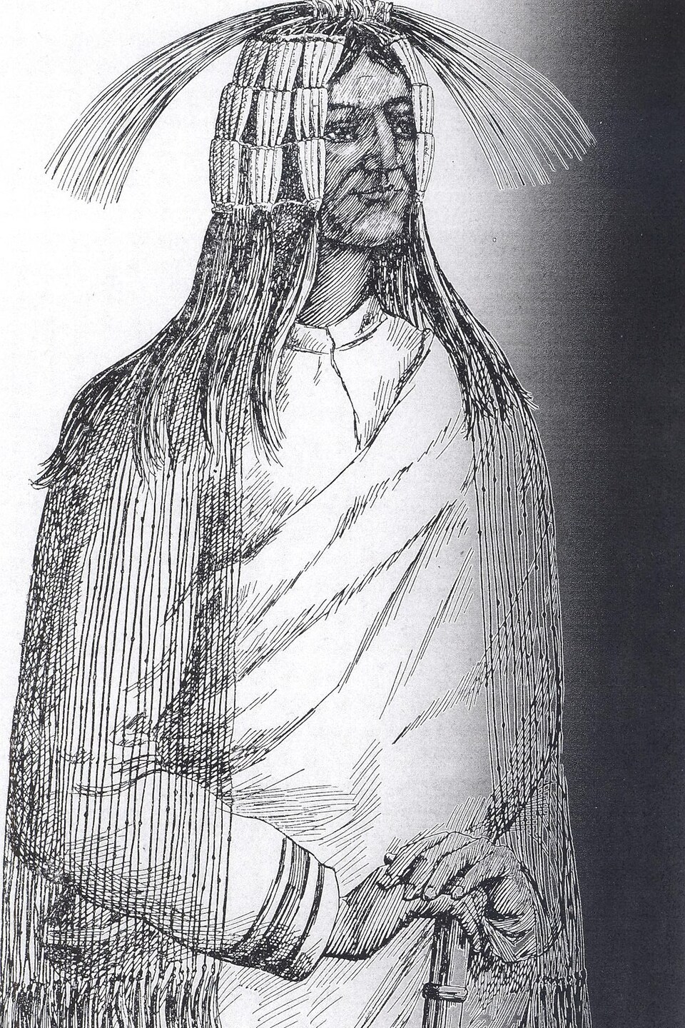 Portrait au crayon non daté de l'ancien chef héréditaire de Maiyoo Keyoh, George A'Huille, en train de porter cette coiffure historique.