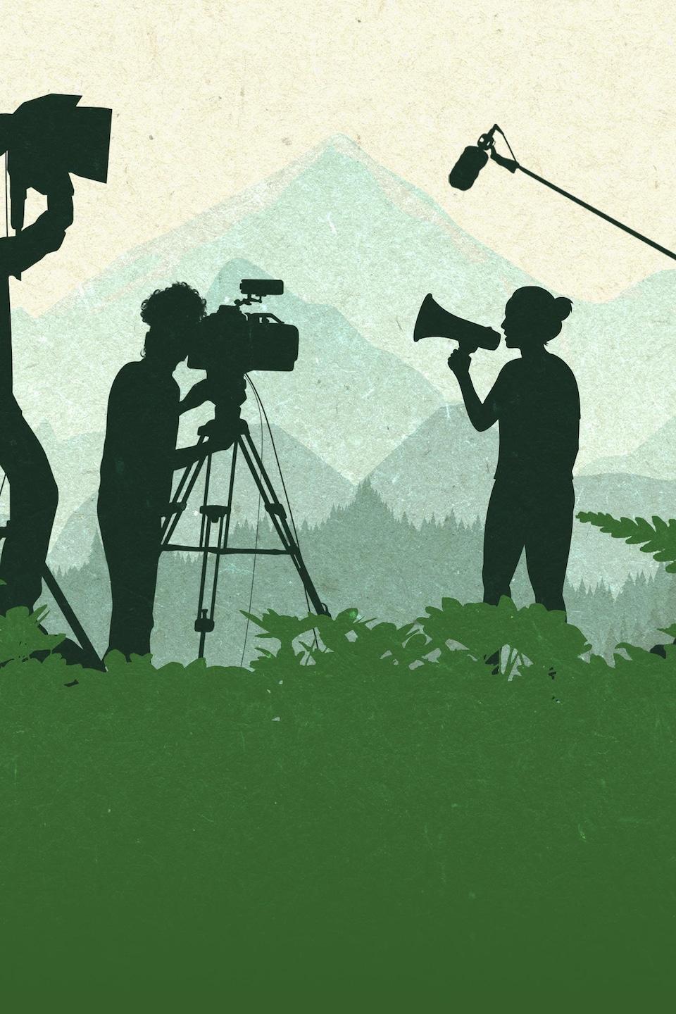 Illustration montrant une équipe de tournage cinématographique près de verdures.