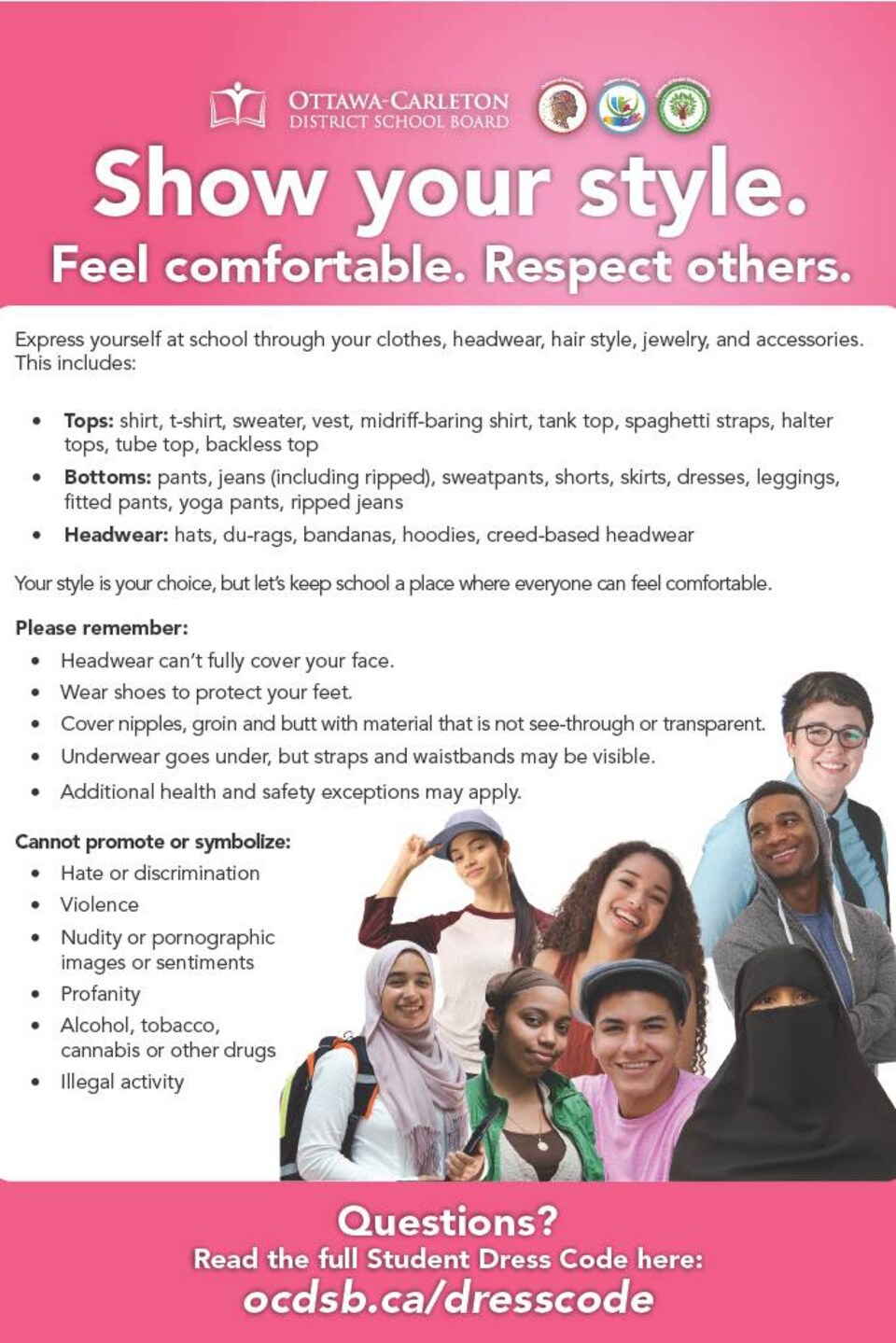 Une affiche décrit le nouveau code vestimentaire, ce qui est permis ou non de porter. Plusieurs élèves sont représentés dans des tenues différentes.