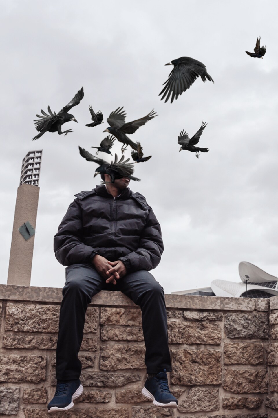 Un homme assis sur un muret dans une ville, avec le visage masqué par une volée d'oiseaux incrustée dans l'image. 