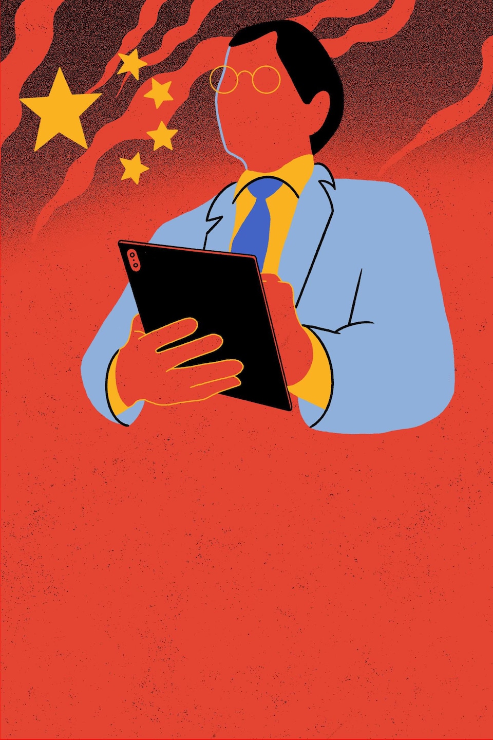 Un homme tient une tablette devant un drapeau chinois stylisé.