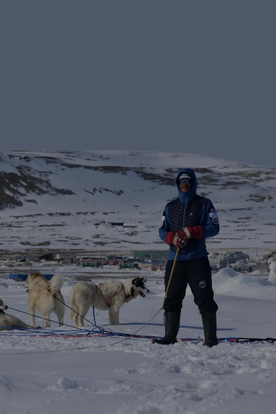 Devon mavik, debout, son fouet à la main, entre ses chiens et son traîneau, au mois de juin à Resolute Bay, dans le nord du Nunavut.