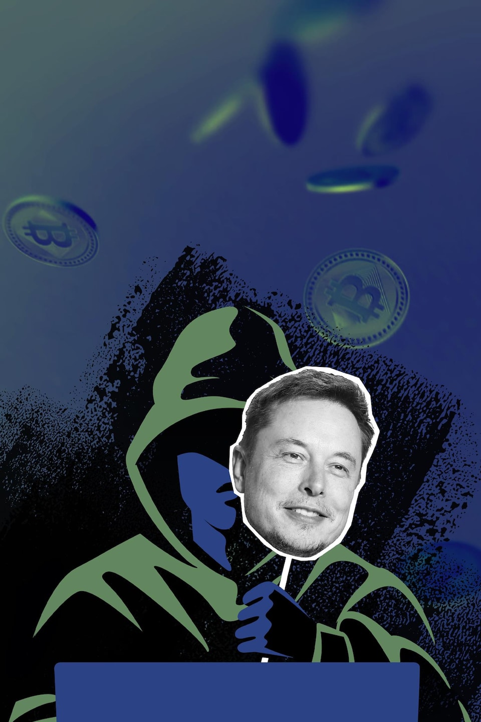 Un pirate informatique se cache le visage avec une image d'Elon Musk.