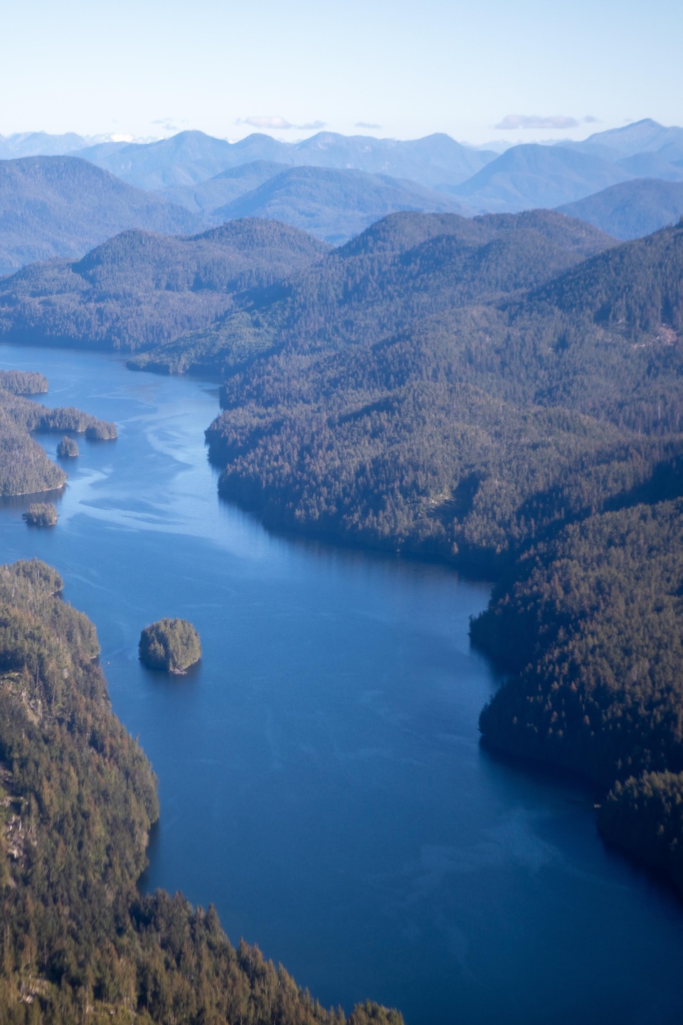 Une rivière entourée de montagnes et de forêt, près de Klemtu, en Colombie-Britannique, en octobre 2023.