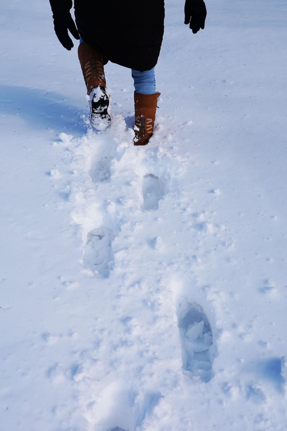 Françoise Ruperthouse laisse des traces de pas derrière elle en marchant dans la neige.