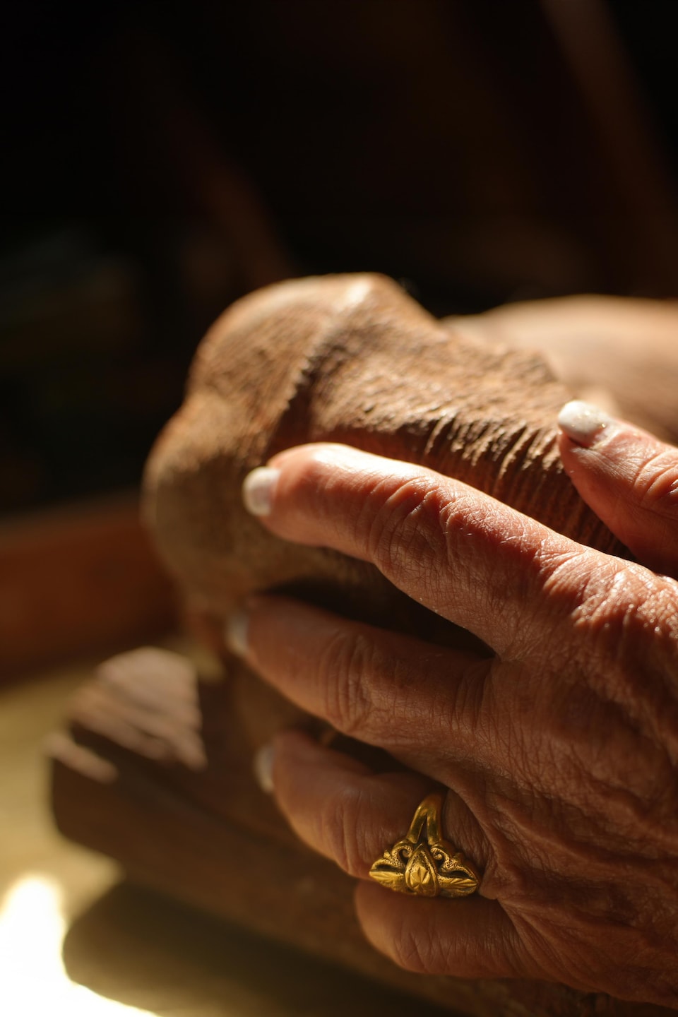 La main de Lucille Proulx posée sur une sculpture d'éléphant, en juin 2023, à Victoria, en Colombie-Britannique.