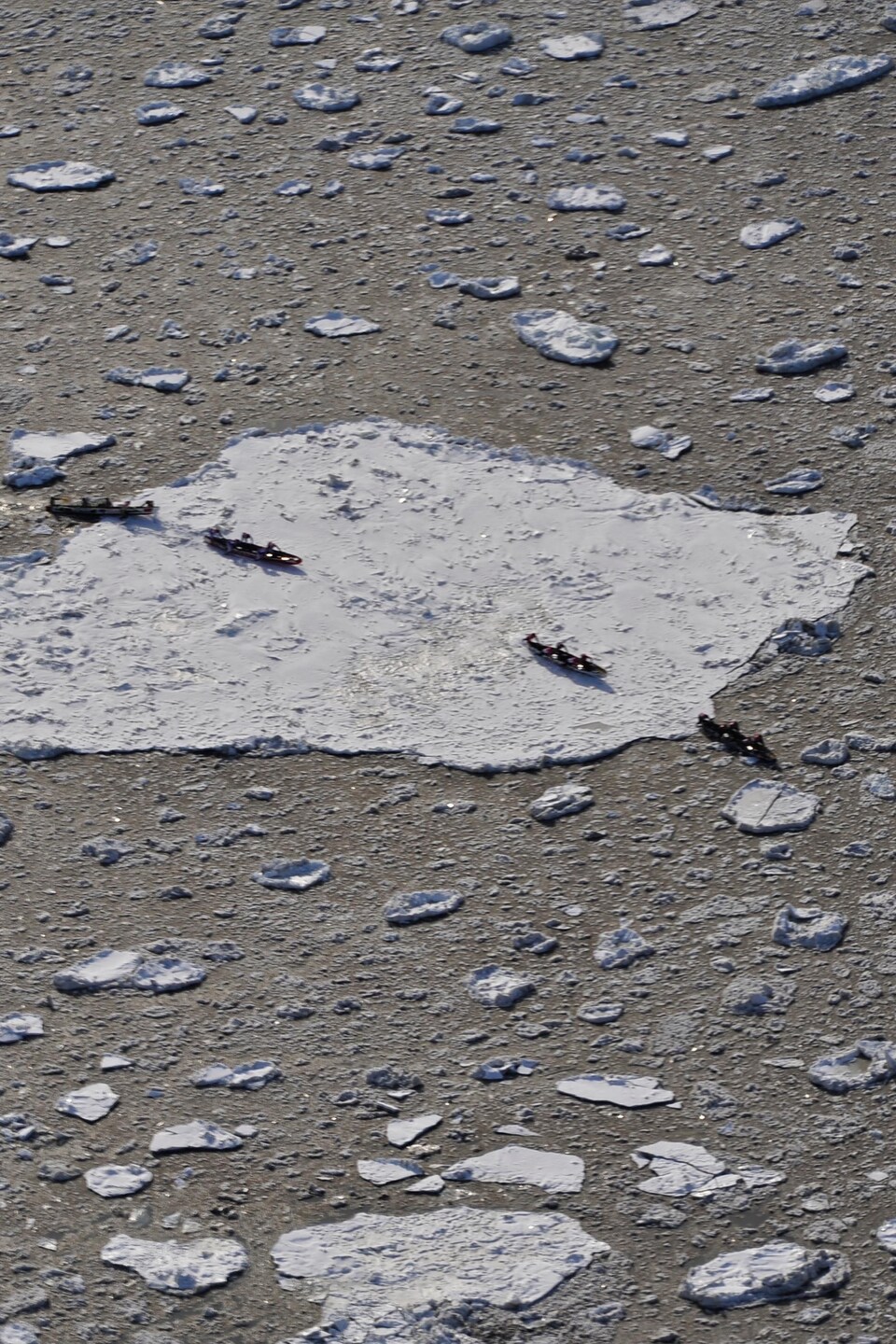 Des canots vus des airs qui défilent sur la glace du fleuve Saint-Laurent.