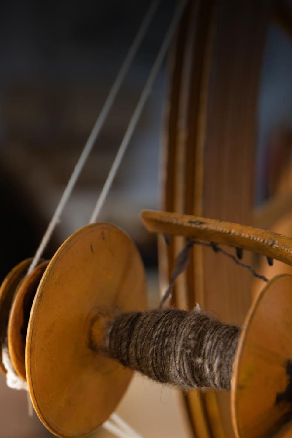 Gros plan sur un fil de laine de boeuf, de couleur brune, sur un rouet.