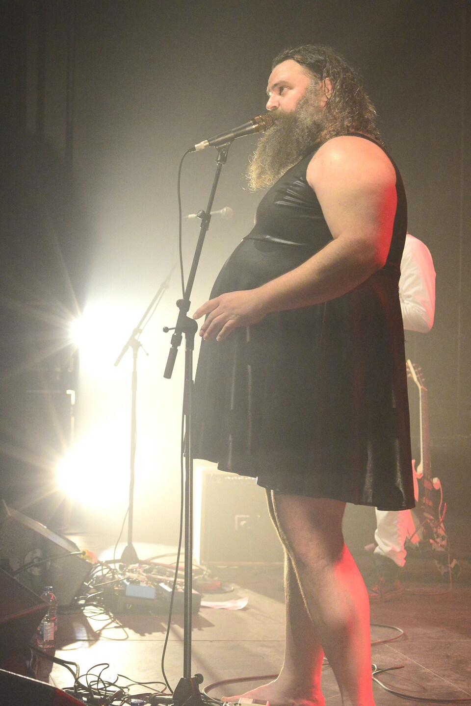 Sur scène, devant une foule, un chanteur barbu et vêtu d'une robe noire courte.