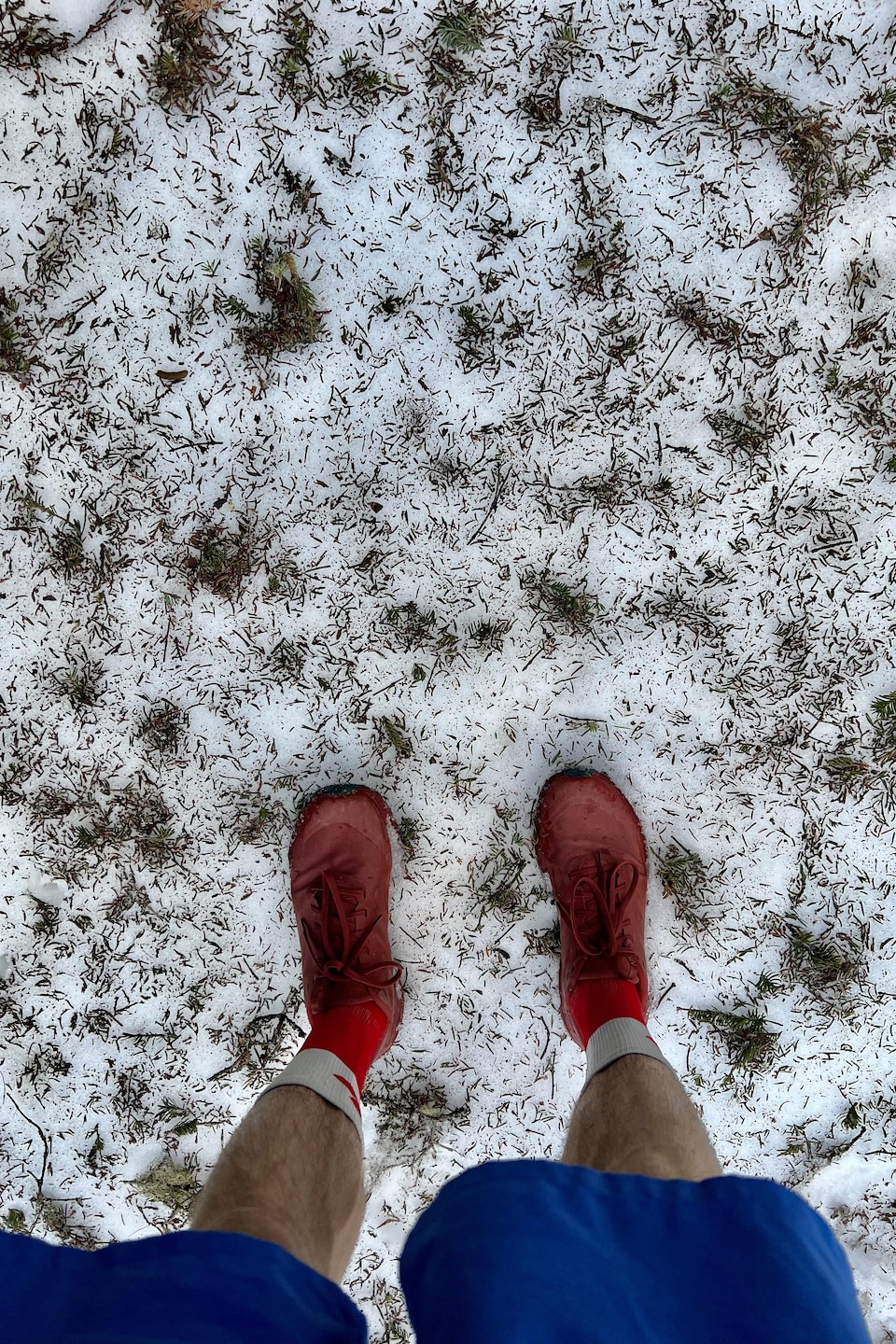 Les jambes d'une personne en short sur un gazon recouvert d'une fine couche de neige.