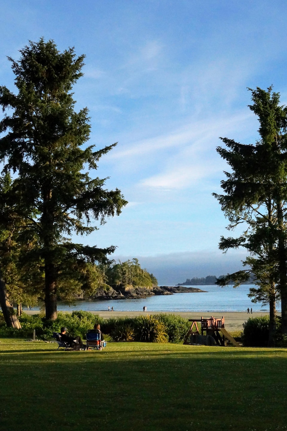 Aire gazonnée devant une plage, à Tofino.