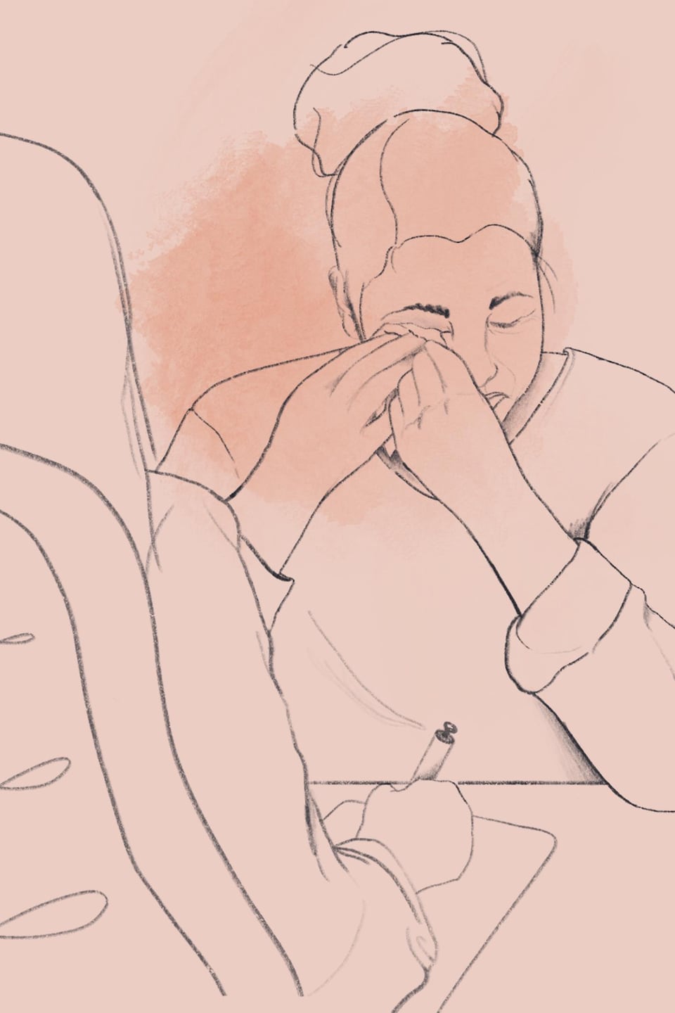Illustration montrant une femme pleurer devant son médecin.