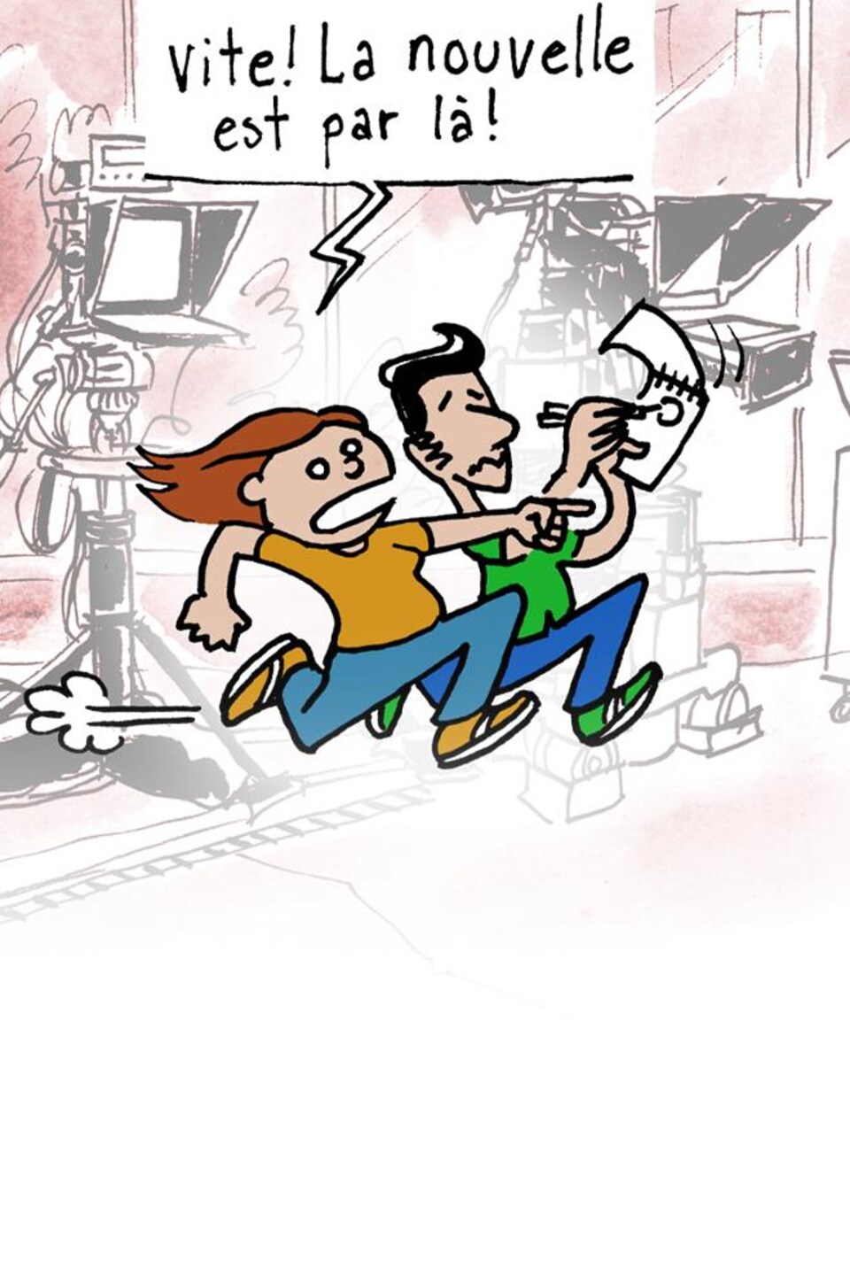 Entête illustrée, où on voit deux personnages qui courent sur un plateau de télévision