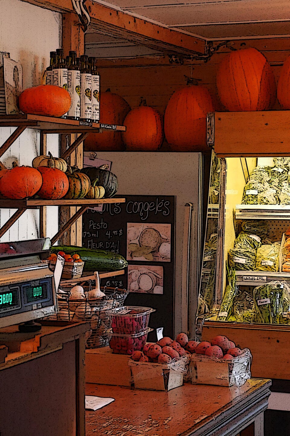 Le comptoir d'un marché fermier où sont posés des citrouilles et différents légumes de saison.