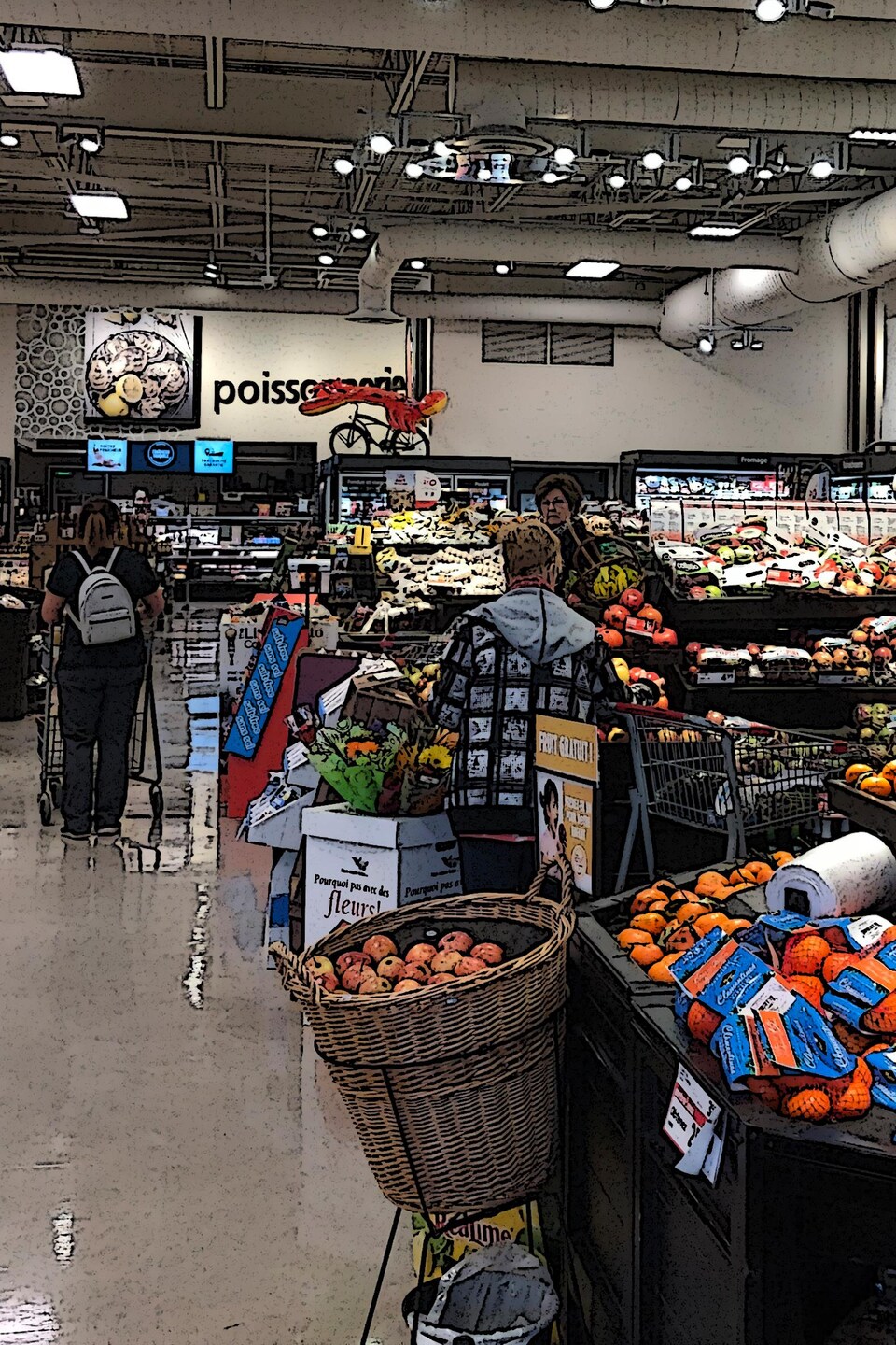 Des clients font leurs achats dans une épicerie.