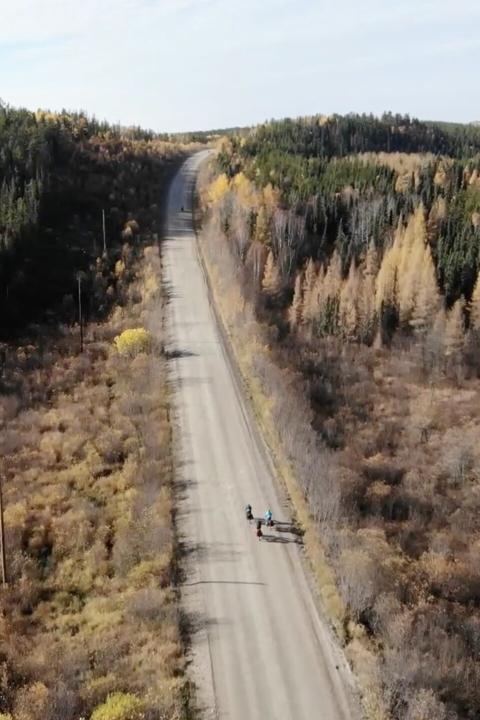Image de drone de trois personnes en vélo sur une route de gravelle, entourés de forêt
