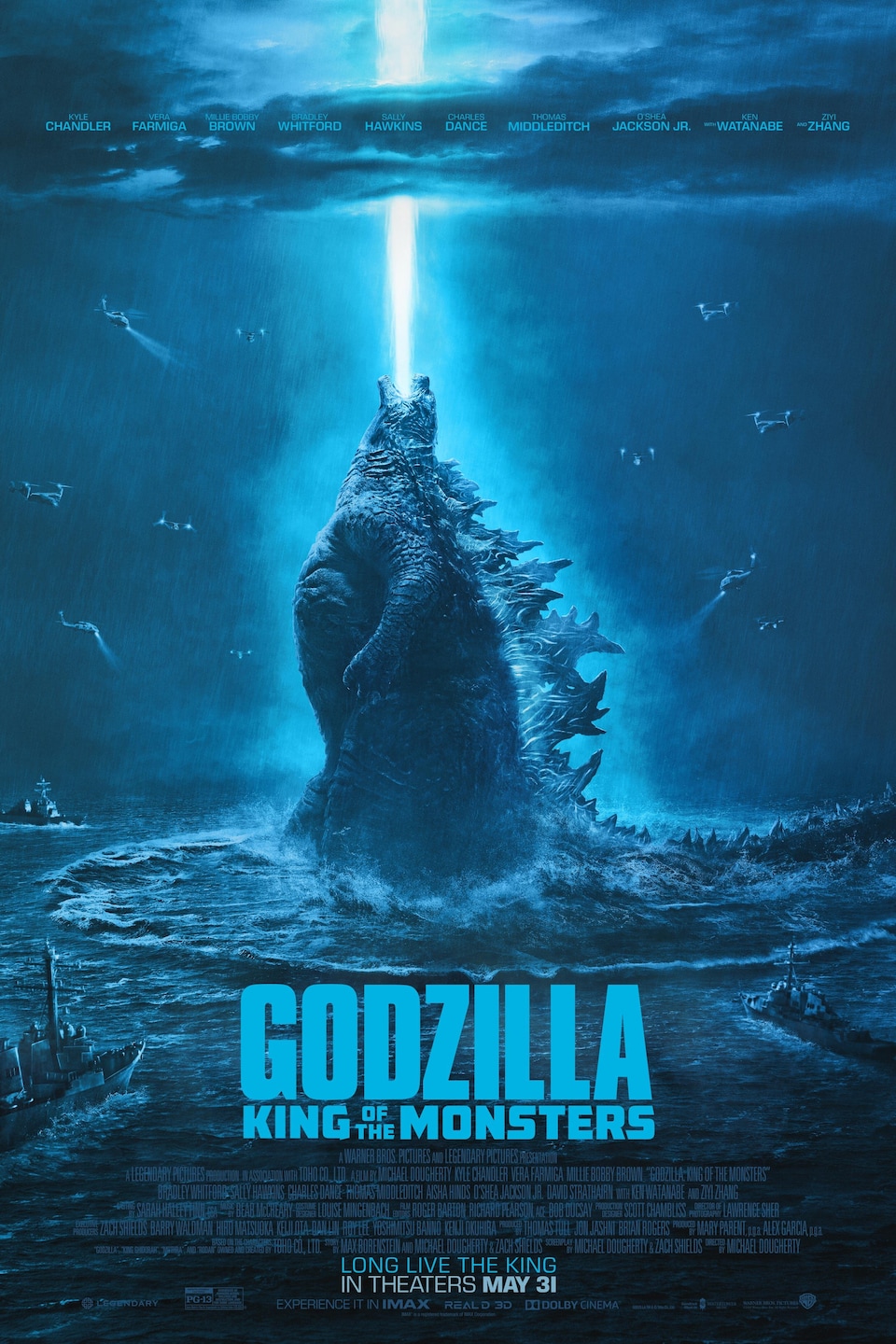 On voit Godzilla qui crache du feu vers le ciel.