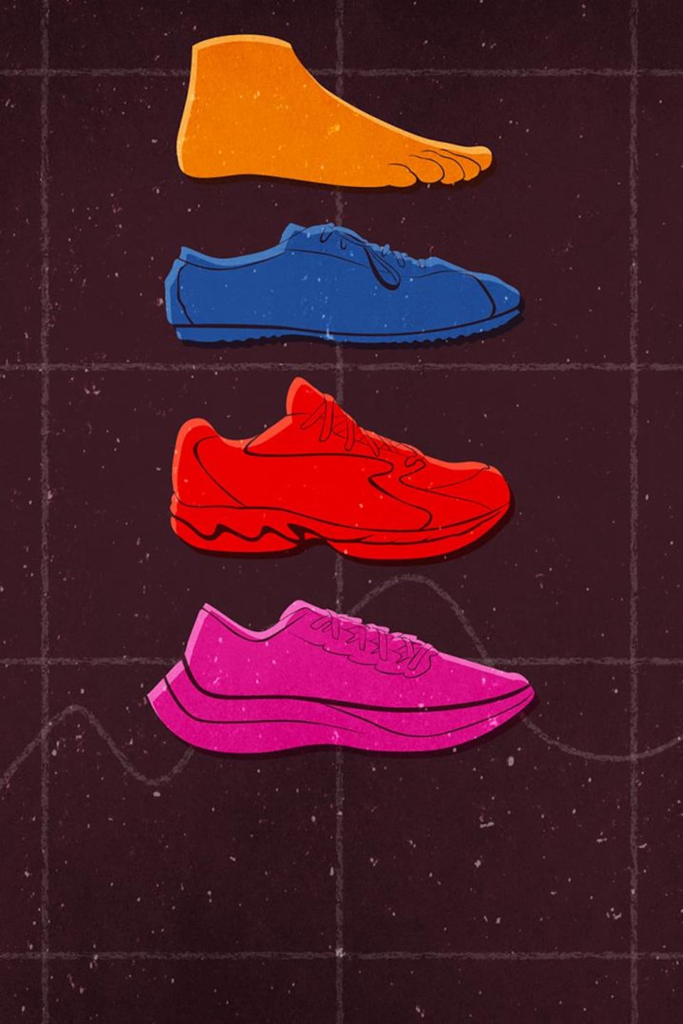 Illustration d'un pied, d'un soulier minimaliste, d'un soulier des années 90 ainsi que d'un soulier maximaliste.