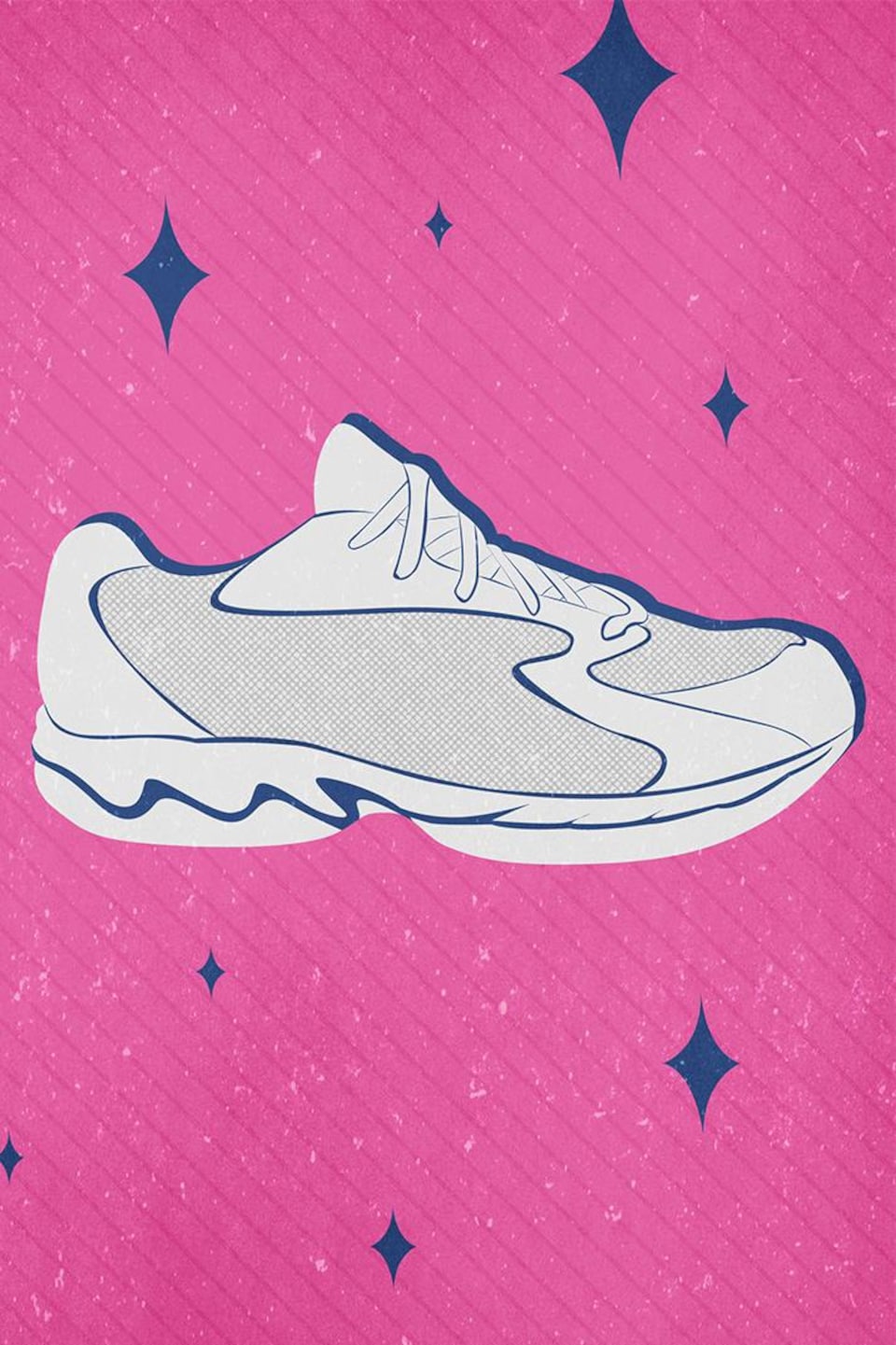 Illustration d'un soulier blanc de style « dad shoe » du début des années 2000. Le fond, texturé, est de couleur rose et des étoiles bleues entourent le soulier. 