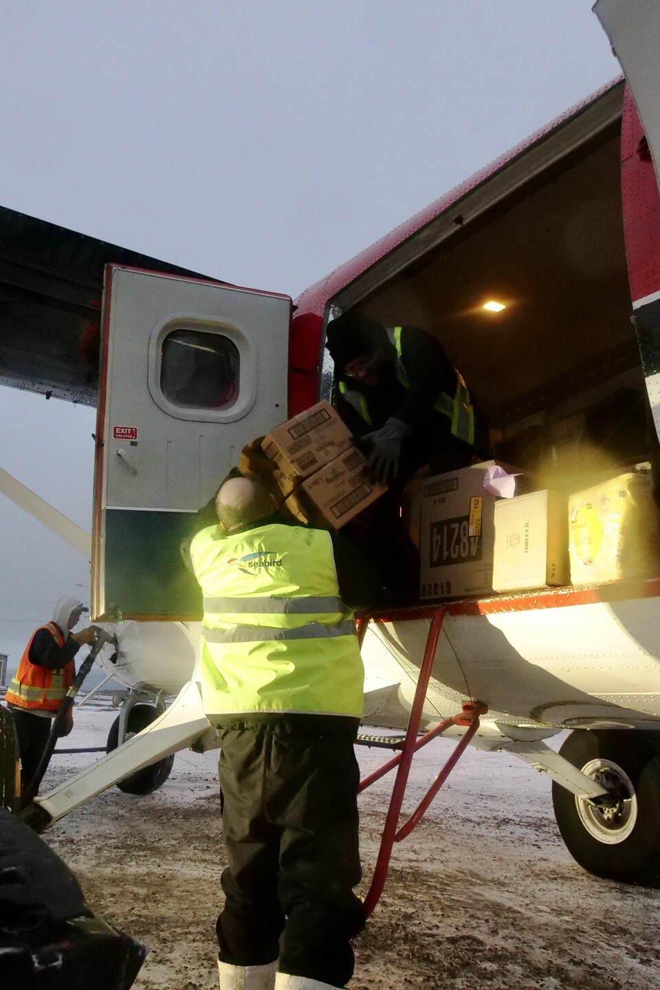 Des employés sortent des cargaisons d'un avion.