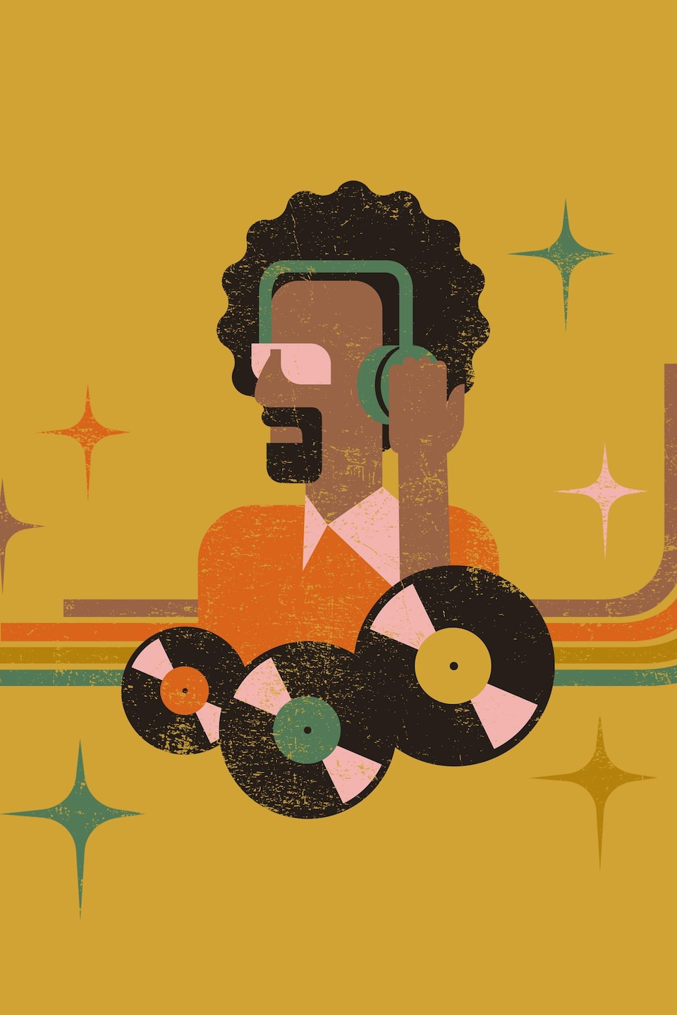 Illustration représentant des disques et un homme portant un casque d'écoute.