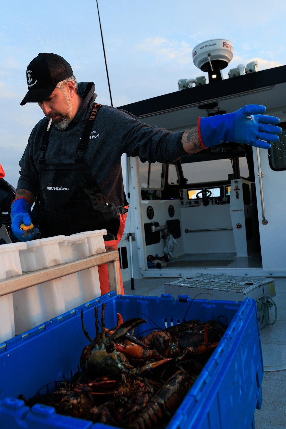 Un homme fumant une cigarette lance un homard à l'eau.