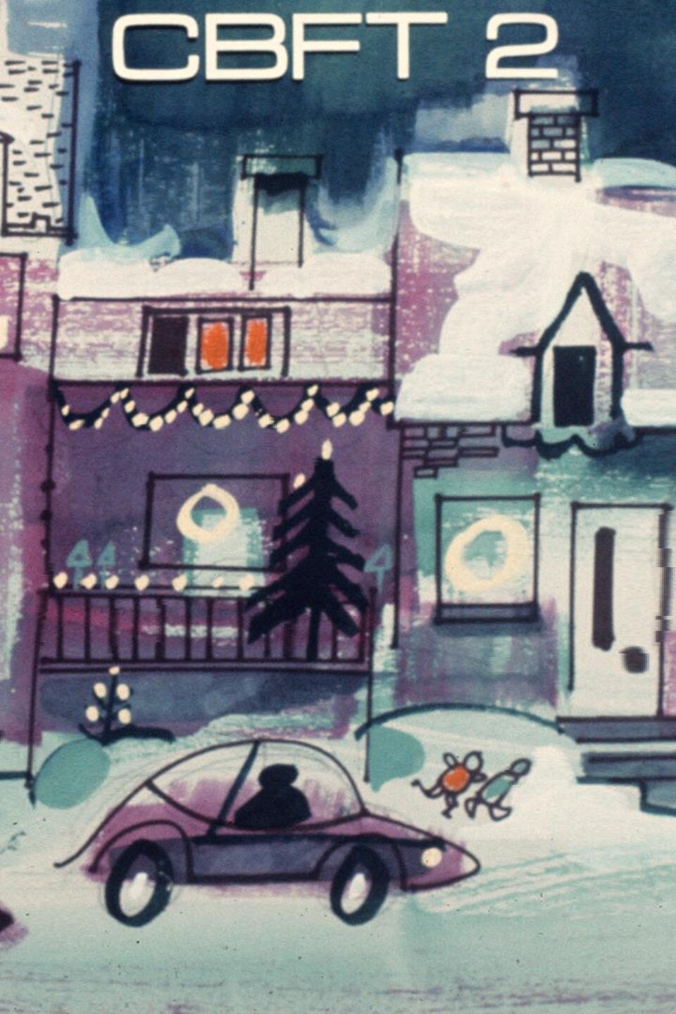 Illustration d’un paysage citadin avec des automobiles qui circulent sur une rue où il y a des enfants qui jouent devant des maisons décorées pour Noël. Dans le ciel, l’inscription CBFT 2.