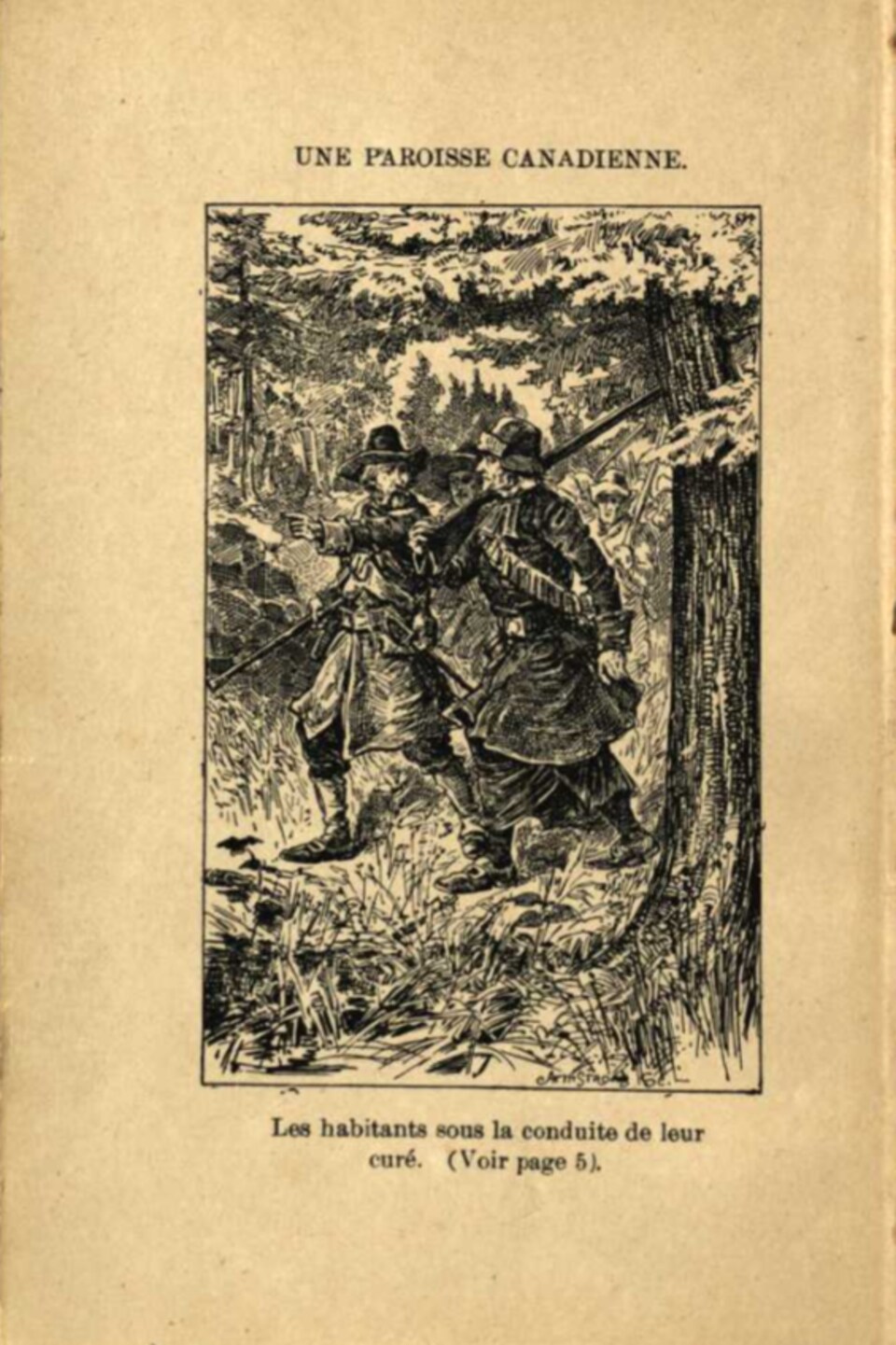 Sur la page jaunie d'un livre ancien, le dessin de trois personnages de la Nouvelle-France.
