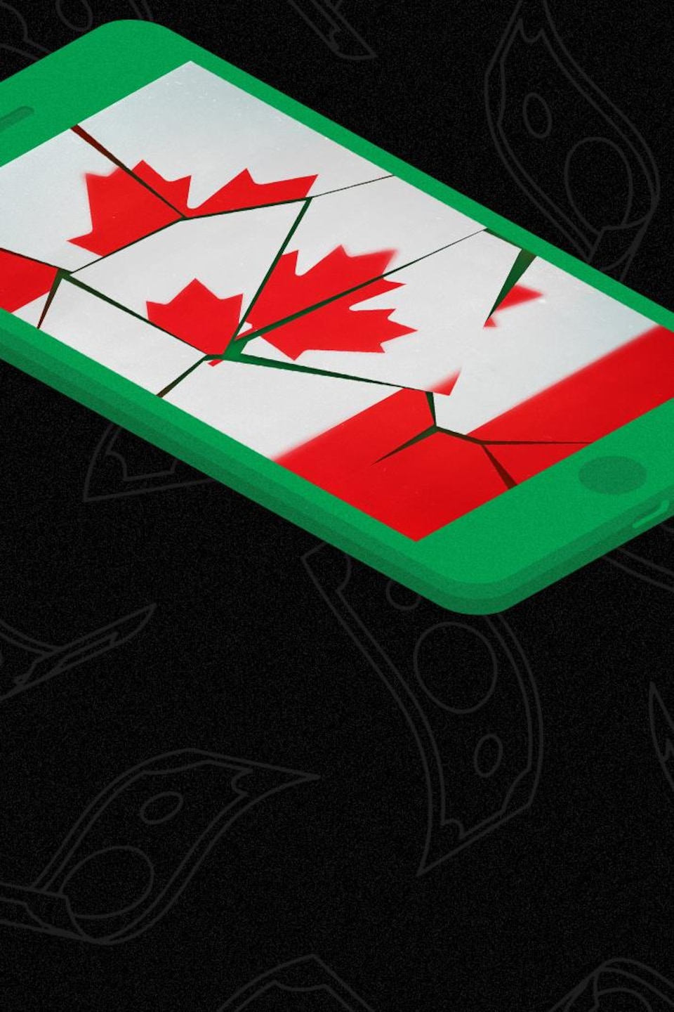 Une illustration d'un cellulaire avec un écran brisé montrant un drapeau canadien.