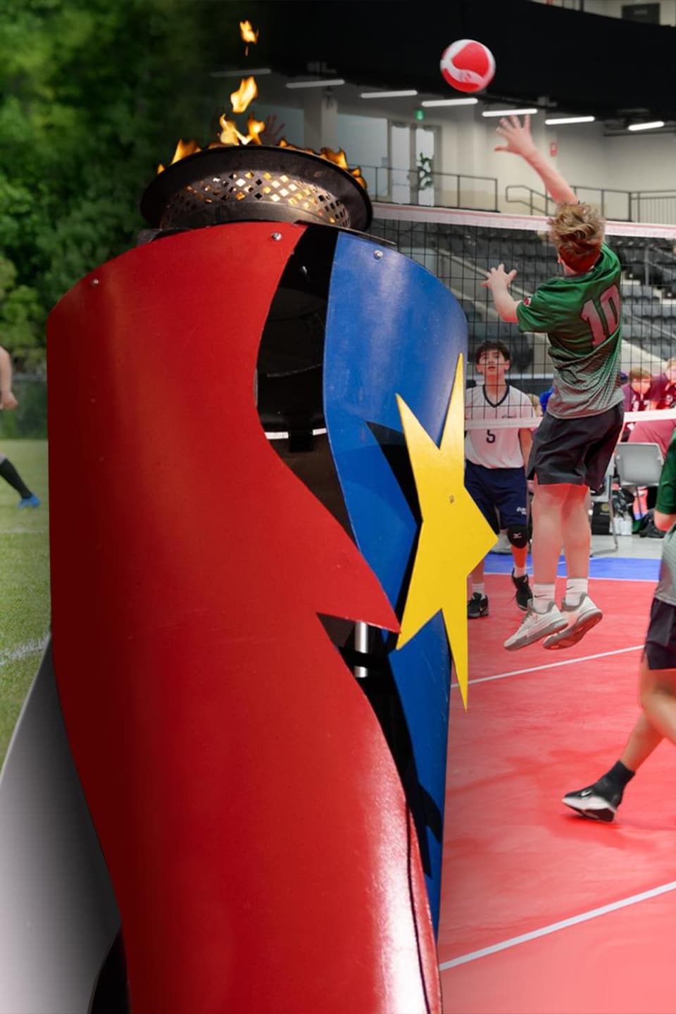 Photo montage de la vasque des jeux, de joueuses de shot    et de joueurs de volleyball.