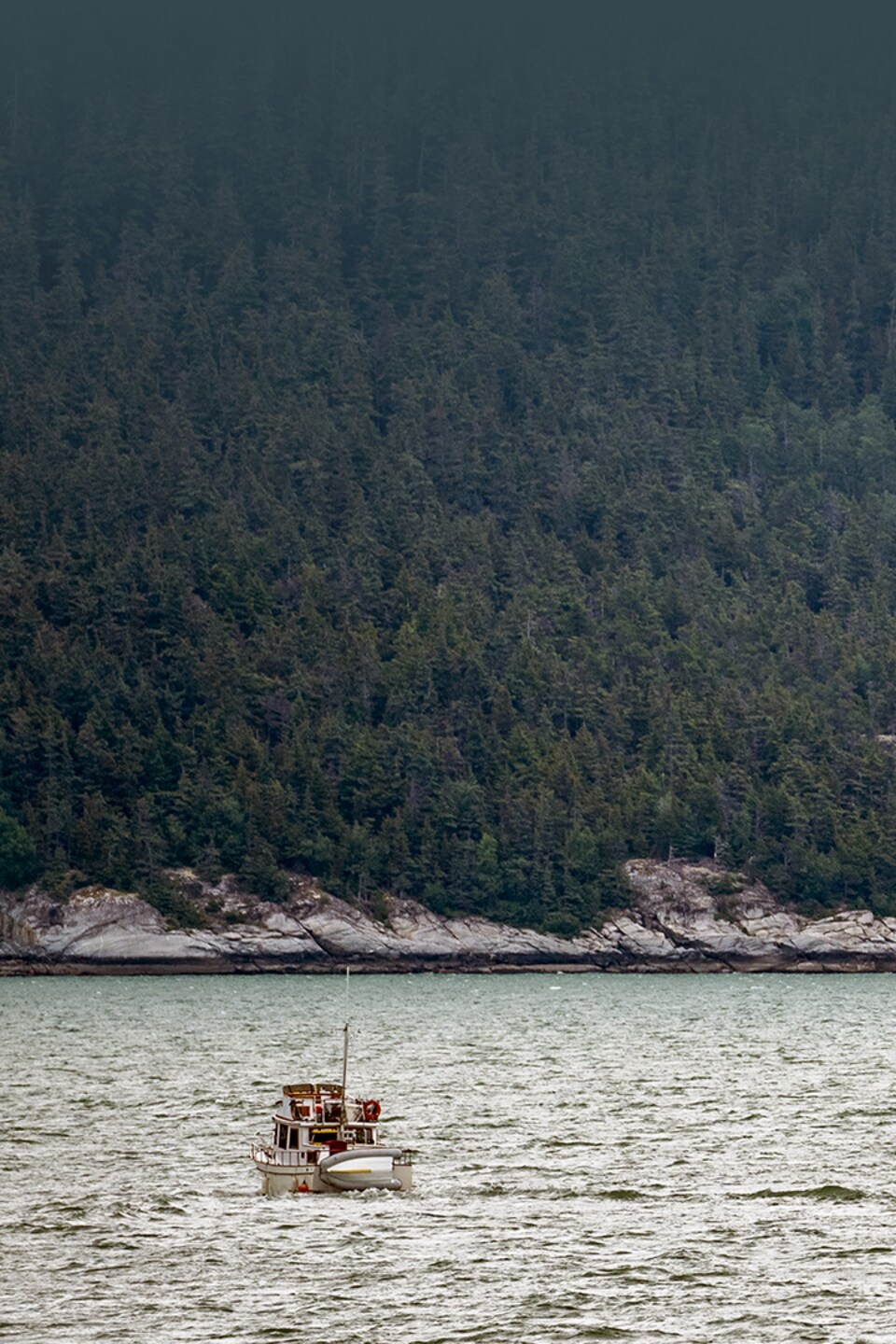 Un bateau de pêche au milieu du canal Lynn en Alaska avec la forêt en fond en juillet 2022.