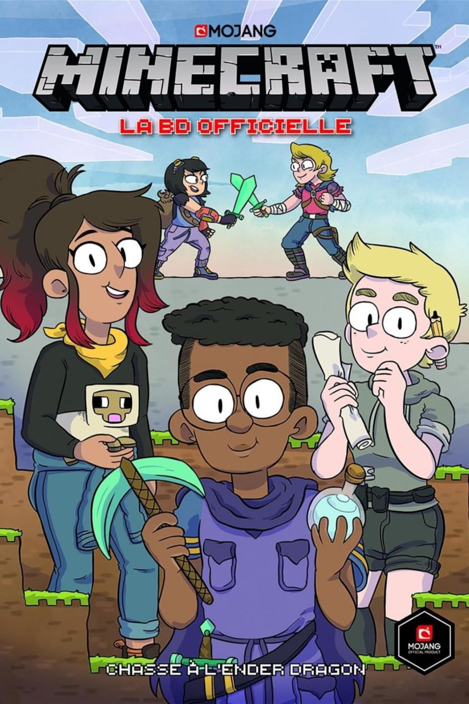 La couverture représente trois personnages : une fille et deux garçons, dont un à lunettes