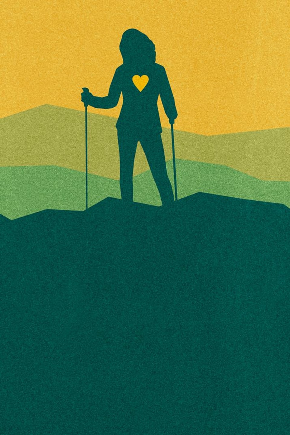 Illustration de la silhouette d'une femme qui regarde au loin, sur le sommet d'une montagne.