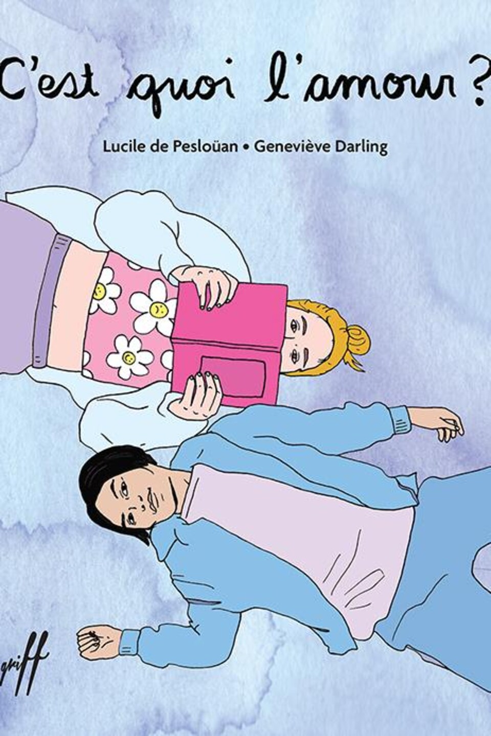 Le dessin dans les tons pastel montre deux personnes, vues d'en haut, allongées sur le dos. Une des deux tient un livre devant son visage.