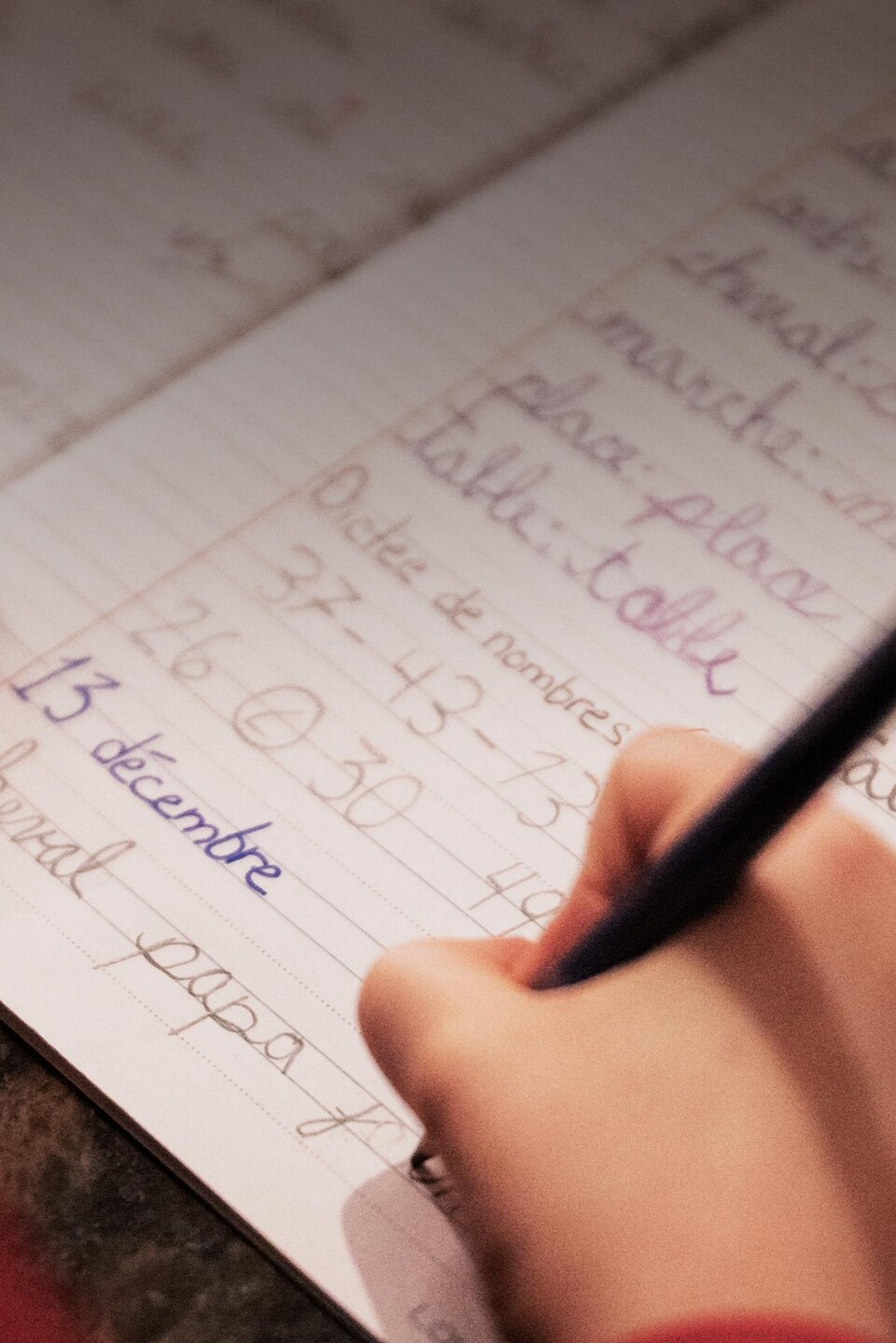 Gros plan sur les mains d'un enfant écrivant avec un stylo plume dans un cahier de dictées, le 13 décembre.