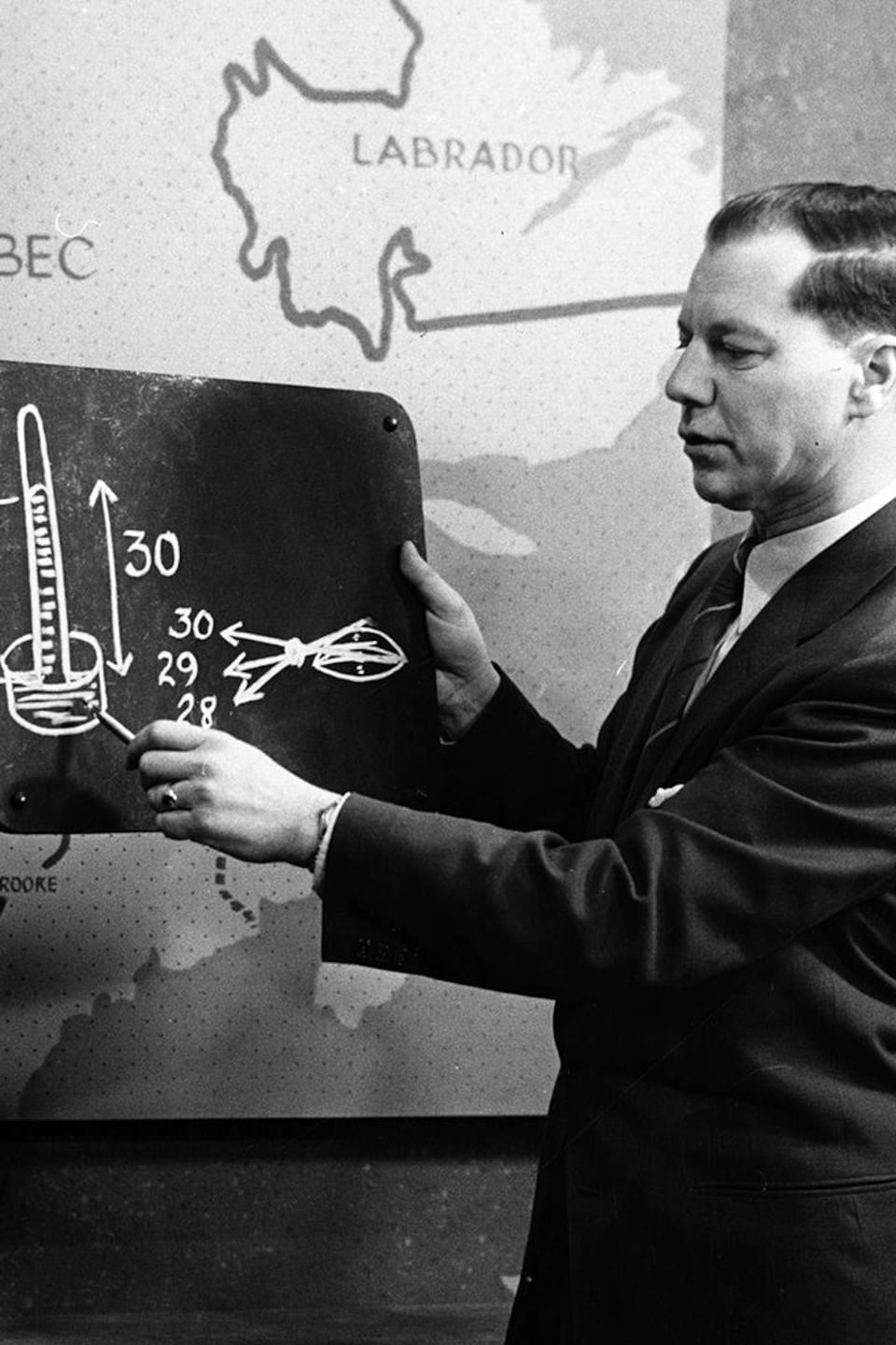 Georges-Oscar Villeneuve et l'animateur Raymond Laplante tiennent un tableau sur lequel est dessiné un thermomètre. 