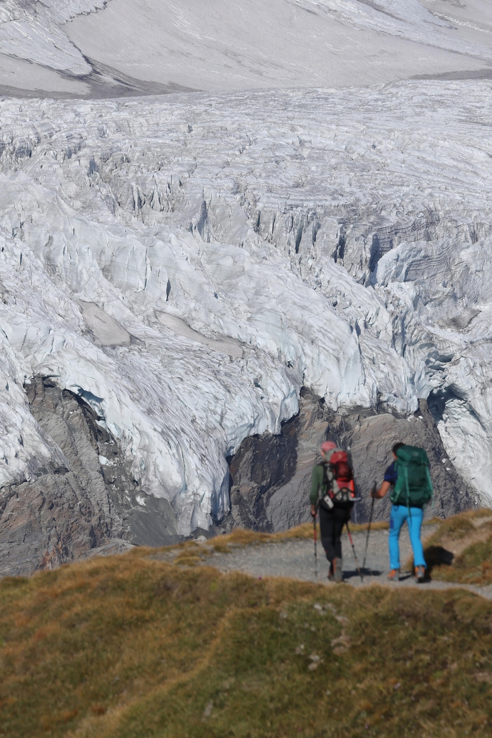 Deux personnes marchent sur un espace gazonné en direction d'un immense glacier.