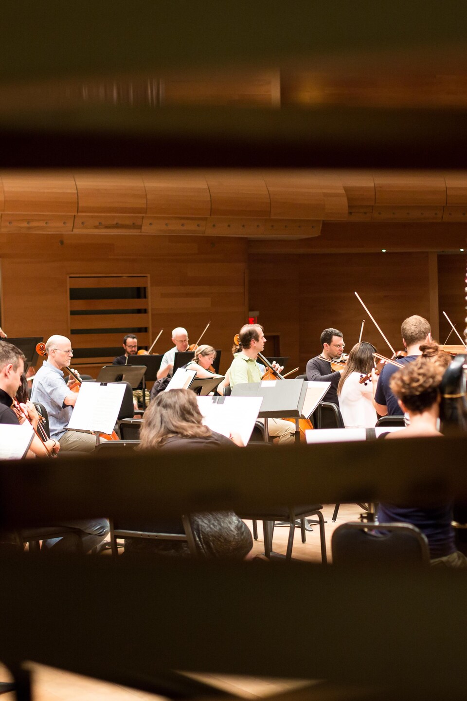 Des musiciens de l'OSM en répétition apparaissent à travers des lattes de bois.