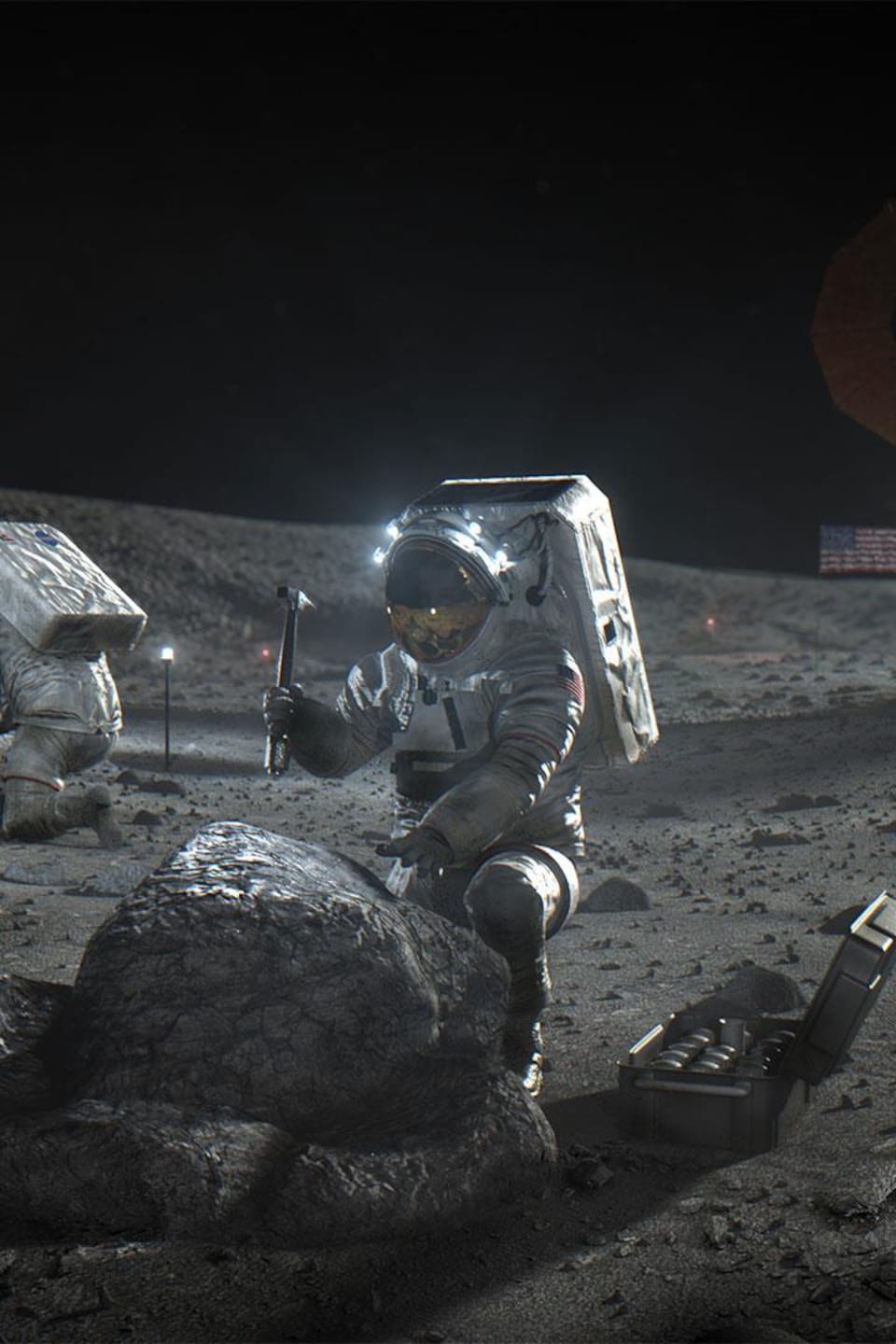 Illustration artistique montrant des astronautes travaillant à la surface de la Lune.